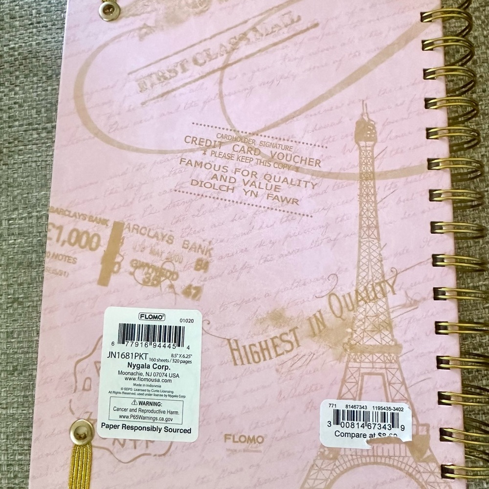 Paris Themed Pink & Gold 320 page Notebook with Papyrus Pink & Gold Pen Set - Picture 14 of 16